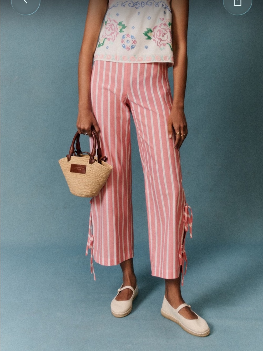 Sezane Coral-White Striped Cropped Tie-Waist Pants